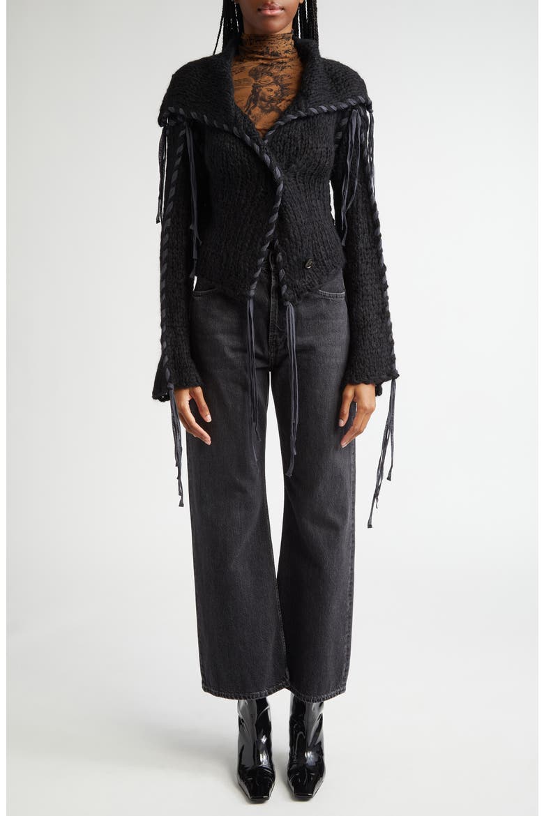 Ribbon Lacing Cardigan, Alternate, color, BLACK