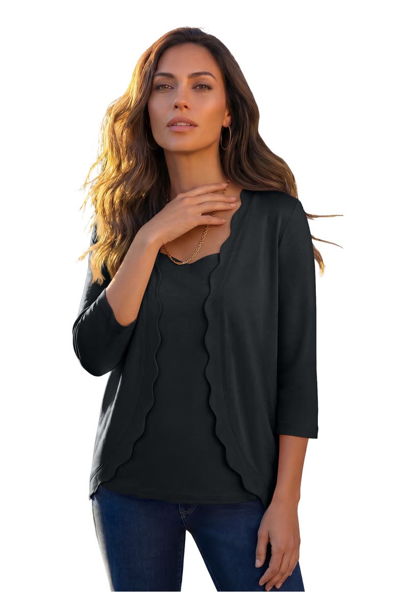 Roaman's Scalloped Cardigan And Tank Set, Main, color, Black