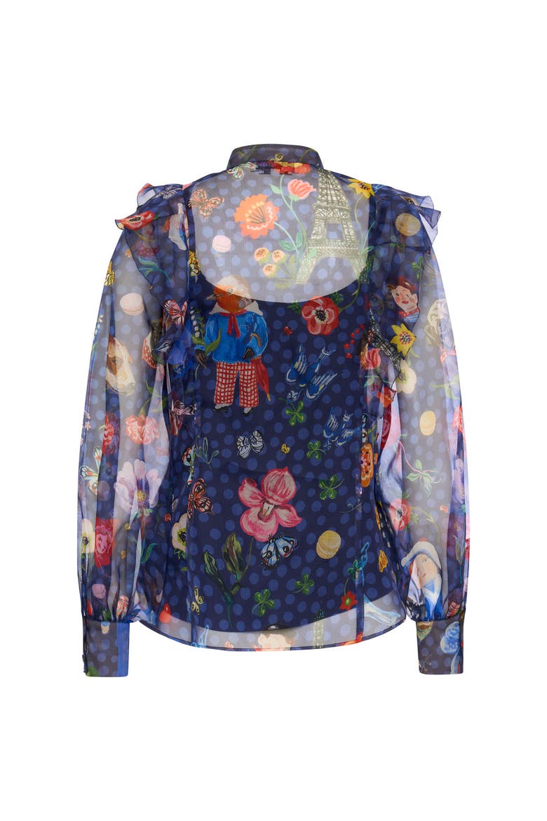 Printed Silk Organza Blouse With Ruffles, Alternate, color, Navy/Multicolour