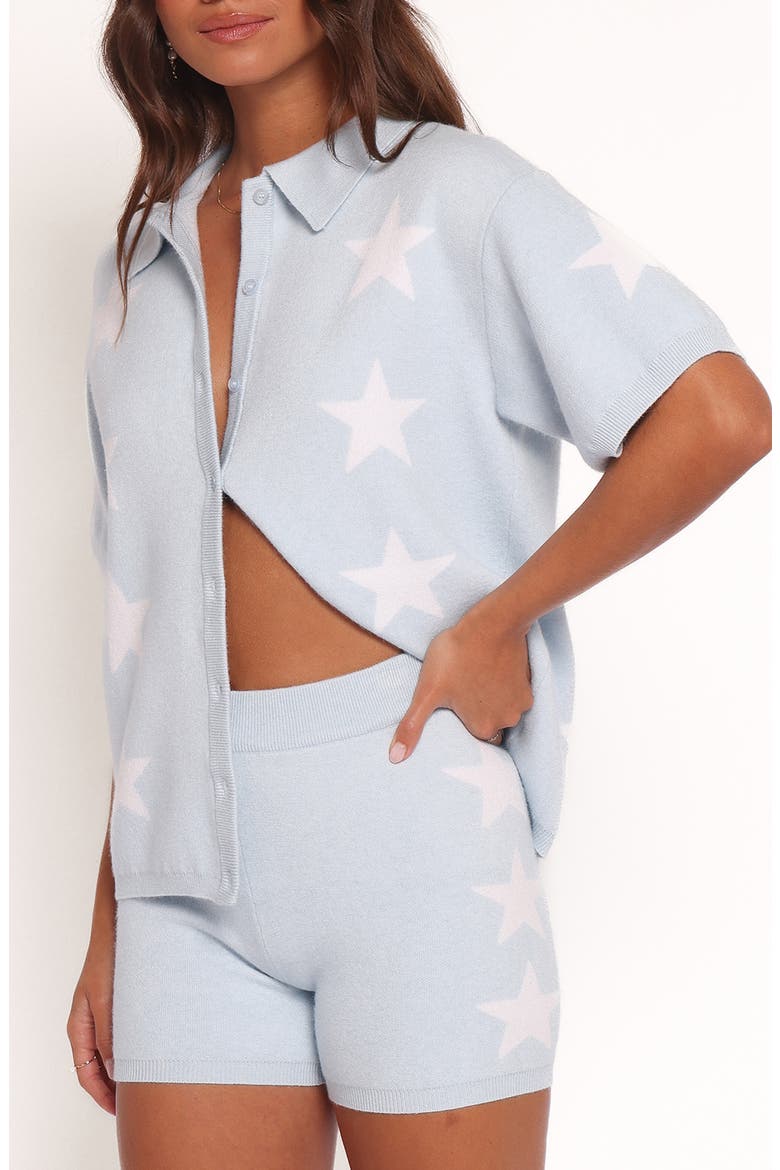 Lela Collared Short Sleeve Cardigan, Main, color, LIGHT BLUE STARS
