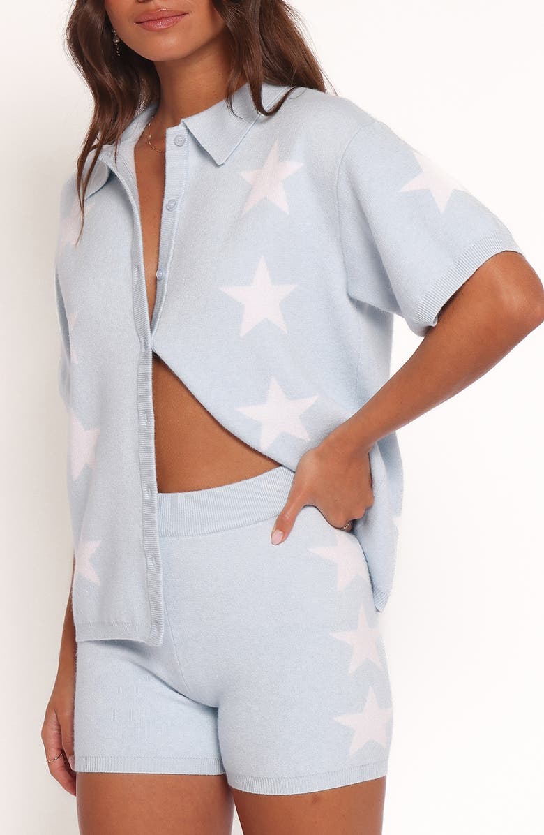 Petal & Pup Lela Collared Short Sleeve Cardigan, Main, color, Light Blue Stars