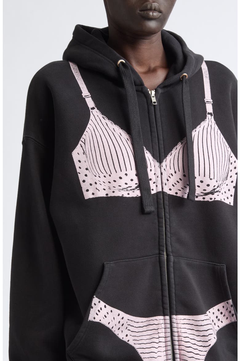 Oversize Trompe l'Oeil Lingerie Zip Graphic Hoodie, Alternate, color, BLACK
