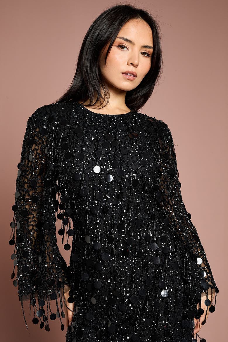 Petite Sequin Tassel Mini Dress, Alternate, color, Black