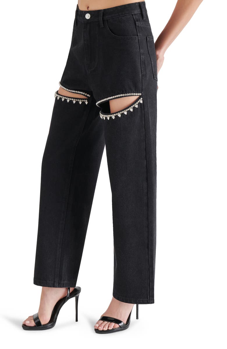 Steve Madden Taylor High Waist Rhinestone Cutout Detail Jeans, Alternate, color, Black
