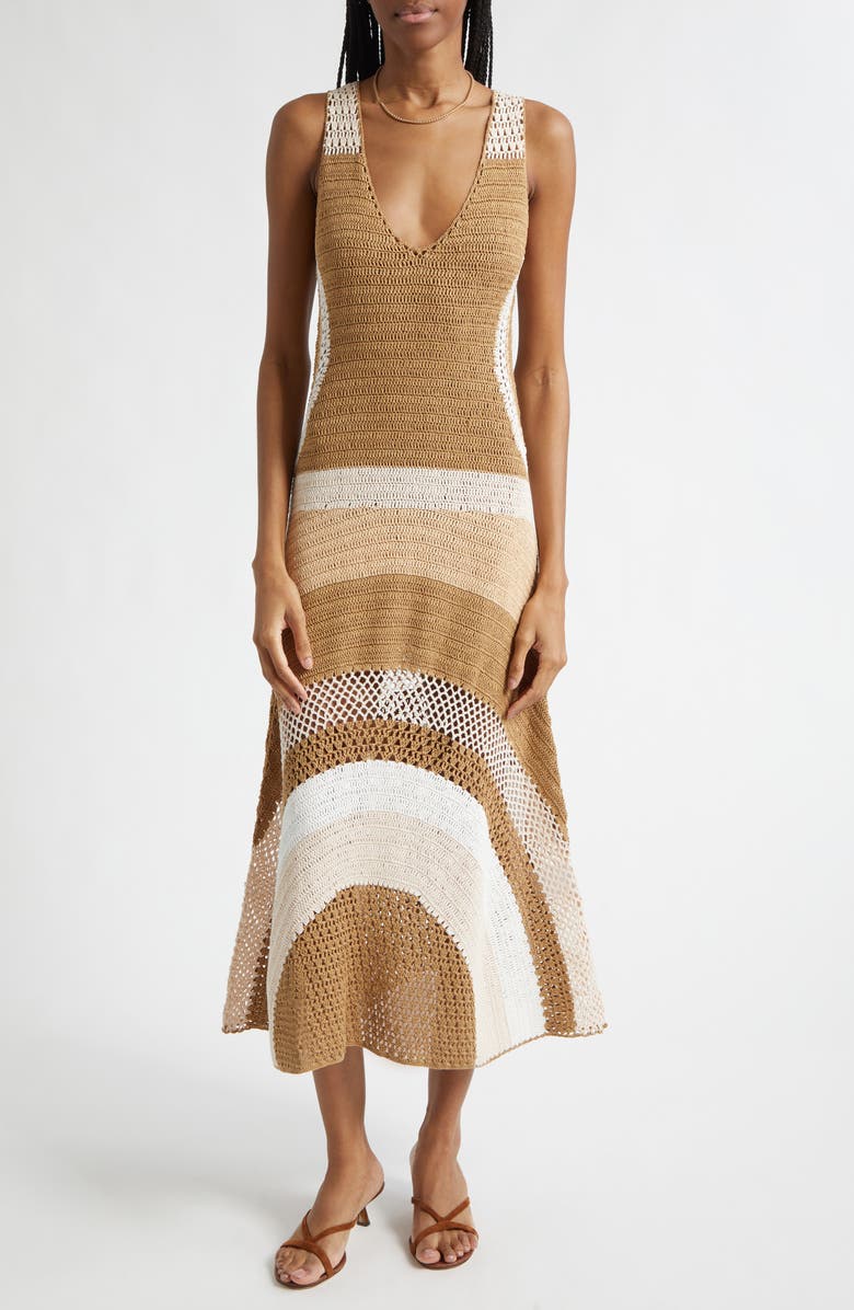 Ramy Brook Cadence Colorblock Crochet Midi Dress, Main, color, Sandstone Multi Colorblock