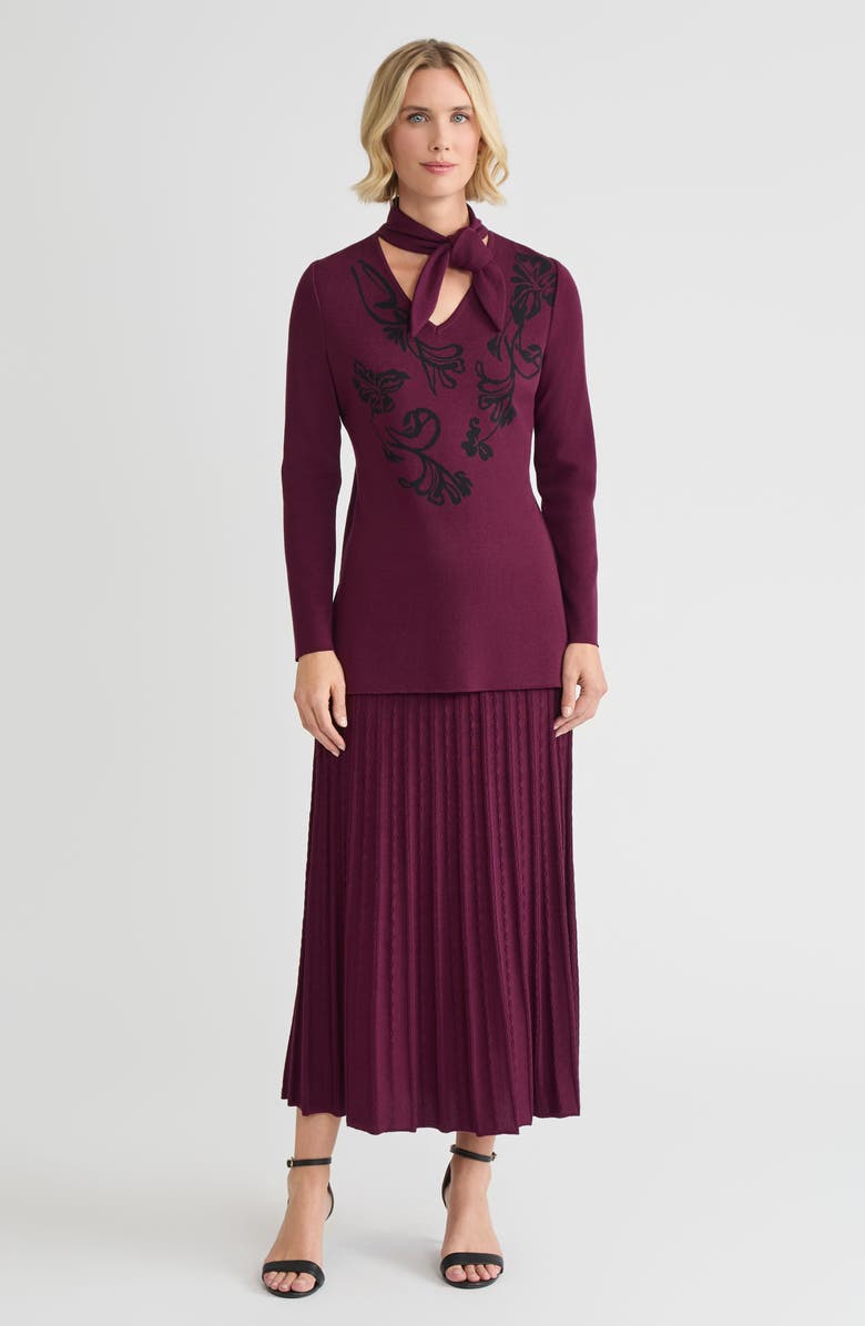 Ming Wang Tie-Neck Floral Jacquard Soft Knit Tunic, Alternate, color, Midnight Violet/Black