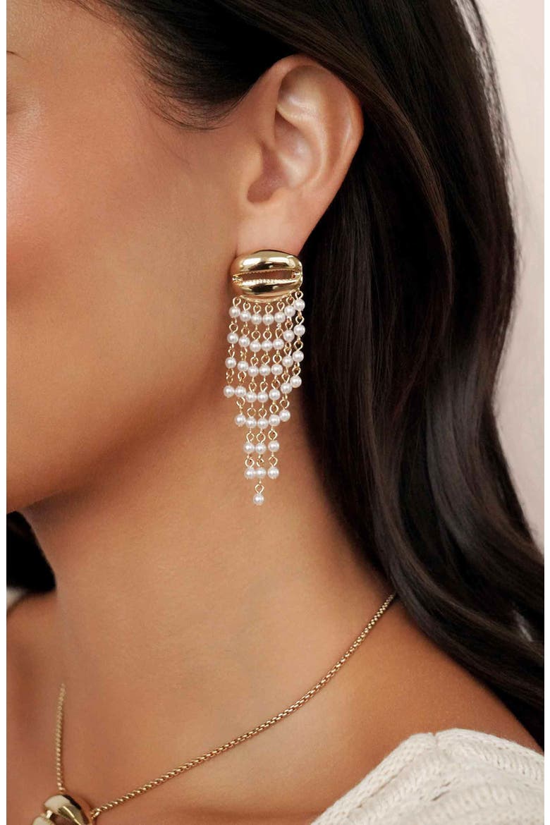Mykonos Shell Faux Pearl Fringe Drop Earrings, Alternate, color, GOLD