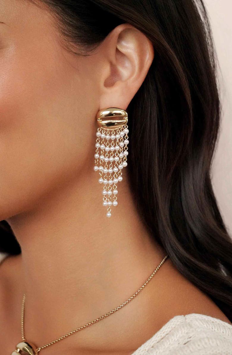 Ettika Mykonos Shell Faux Pearl Fringe Drop Earrings, Alternate, color, Gold