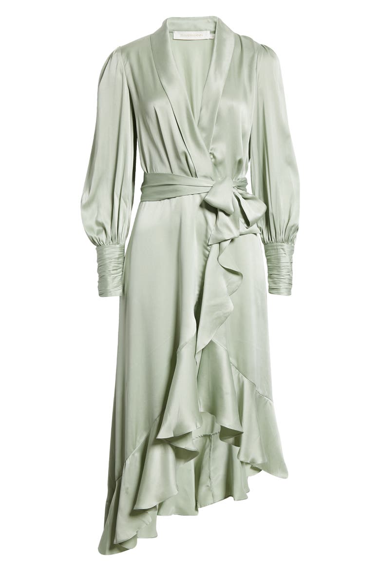Dancer Asymmetric Ruffle Silk Midi Wrap Dress, Alternate, color, SAGE