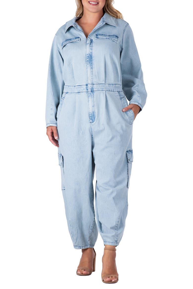 Cargo Long Sleeve Denim Jumpsuit, Main, color, BLEACHED BLUE