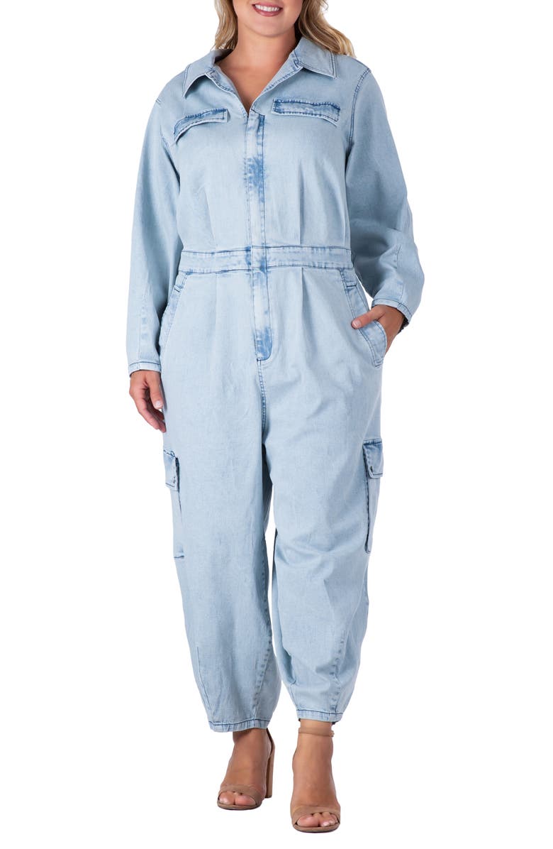 Standards & Practices Cargo Long Sleeve Denim Jumpsuit, Main, color, Bleached Blue