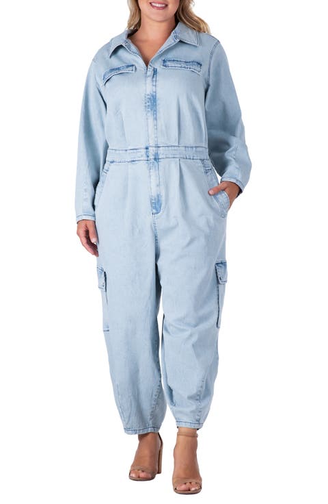Cargo Long Sleeve Denim Jumpsuit (Plus Size)