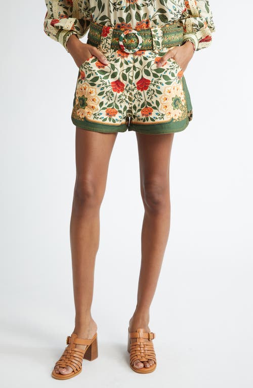Shop Farm Rio Garden Tapestry Print Belted Cotton Twill Shorts In Garden Tapestry Sand