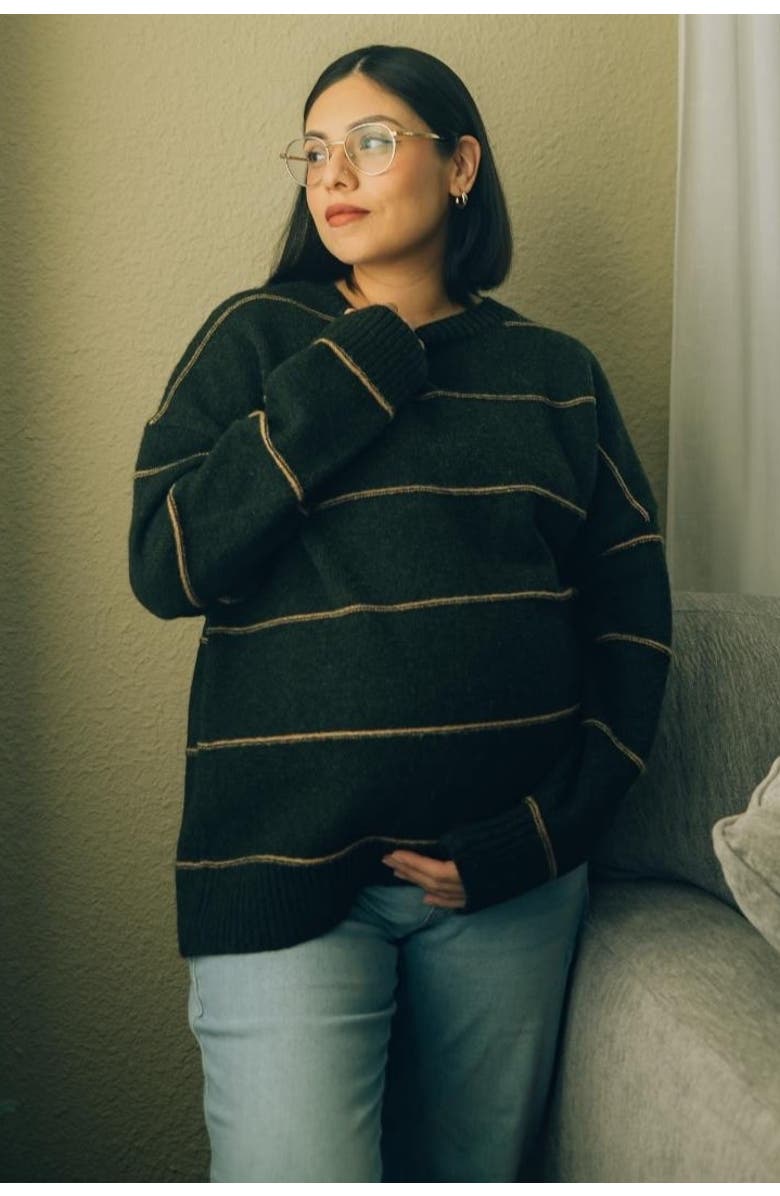 PinkBlush Striped Drop Shoulder Sweater, Alternate, color, Olive Green