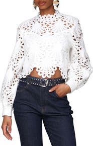 Avec Les Filles Eyelet Embroidery Long Sleeve Crop Shirt