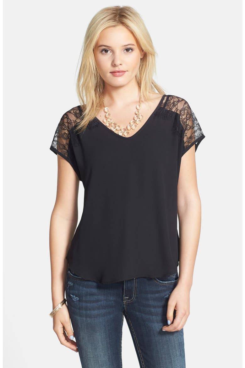 Lace Shoulder Tee, Main, color, BLACK