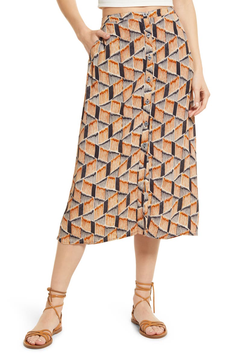 Print Button Front Skirt, Main, color, GREY- BROWN STRIPE