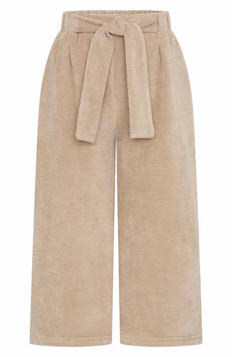 Kids' Tie Belt Cotton Blend Wide Leg Pants