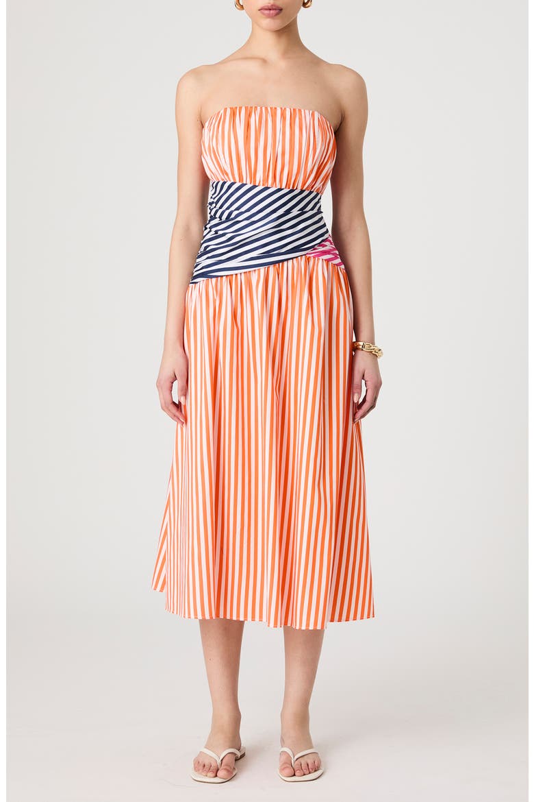 Alexis Stripe Strapless Midi Dress, Main, color, ORANGE-MARINE-PINK
