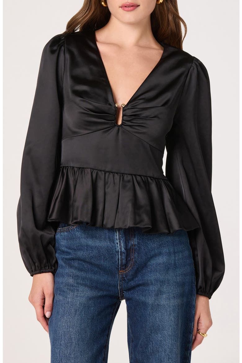 Satin Peplum Shirt, Main, color, BLACK