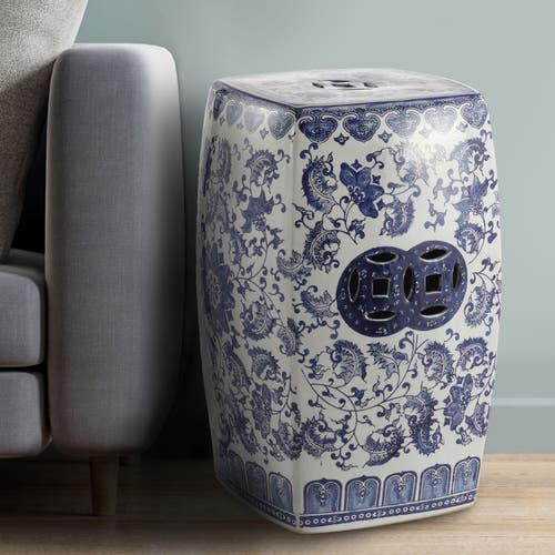 Jonathan Y Floral Vine 18.5" Chinoiserie Ceramice Square Garden Stool In Blue/white