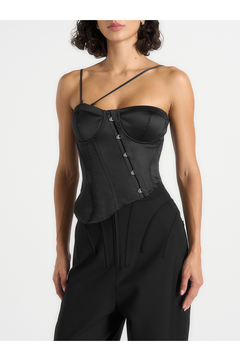 Aurelia Asymmetric Satin Corset Top, Main, color, Black