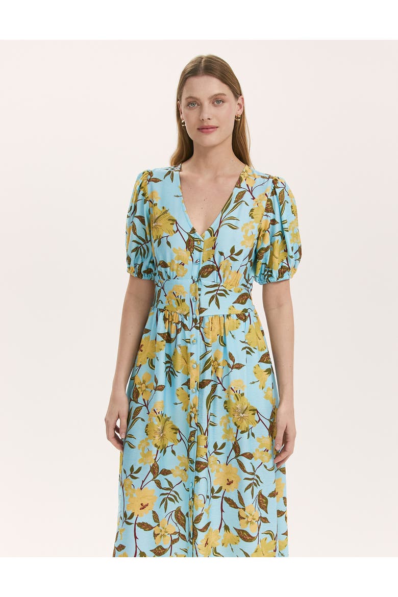 QAddison Floral Linen Blend Midi Dress, Alternate, color, Blue Floral