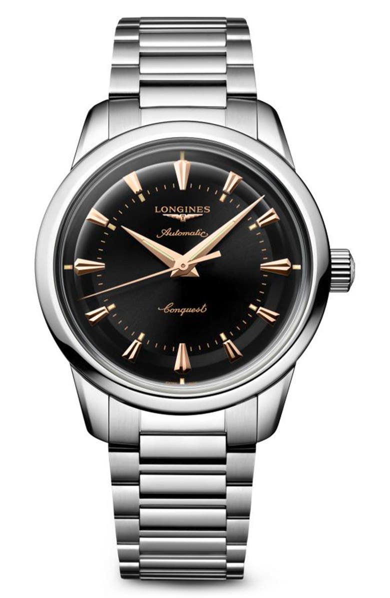 Longines Conquest Heritage Automatic Bracelet Watch, 38mm, Main, color, Black