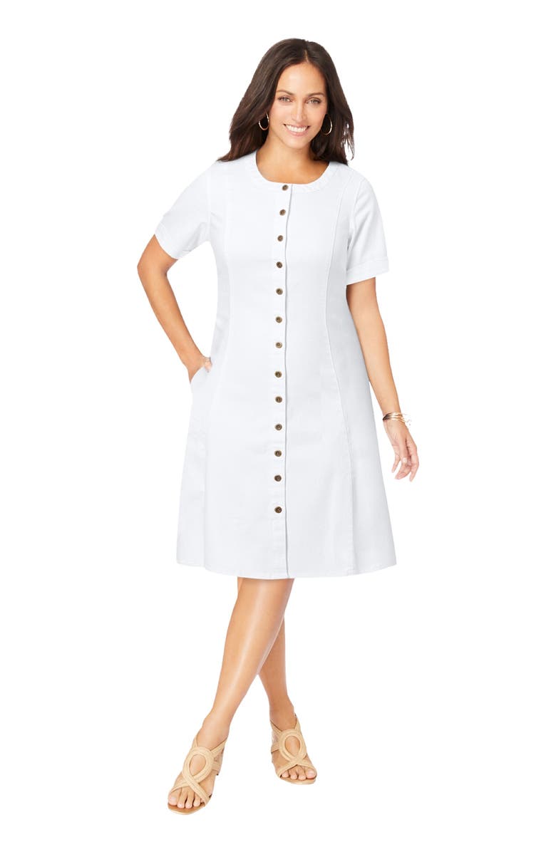 Jessica London Button Front Denim Dress, Main, color, White
