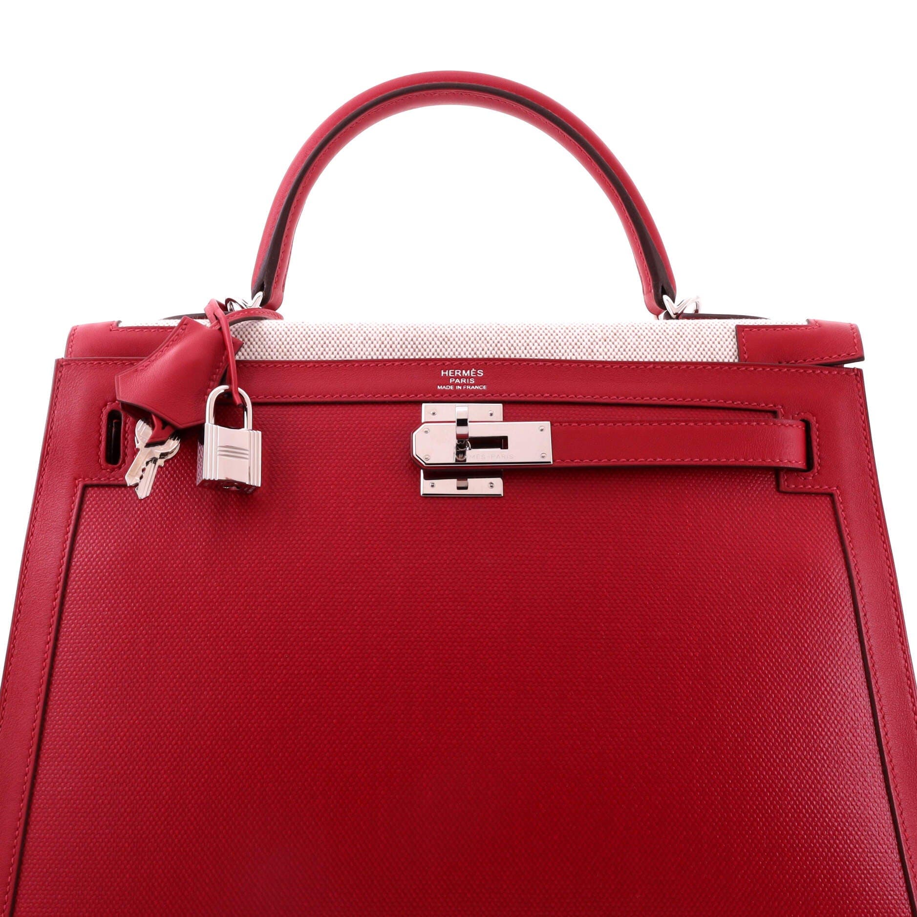 Kelly Handbag Red Berline Vache Canvas with Swift and Toile with Palladium Hardware 32, Alternate, color, Red