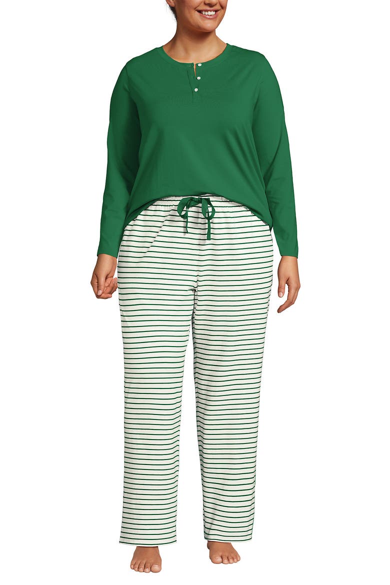Plus Size Knit 2 Piece Pajama Set - Long Sleeve Top and Pants, Main, color, Ivory/Clover Simple Stripe