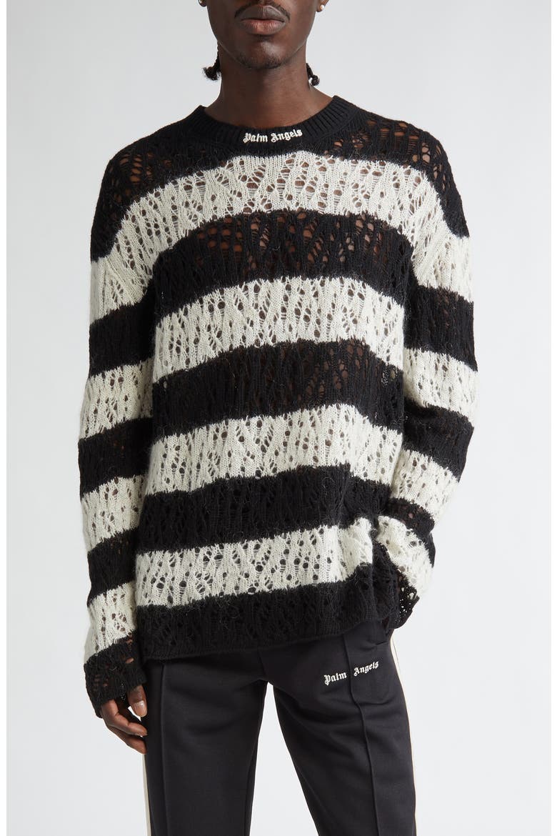Classic Logo Stripe Open Knit Wool & Mohair Blend Crewneck Sweater, Main, color, BLACK OFF