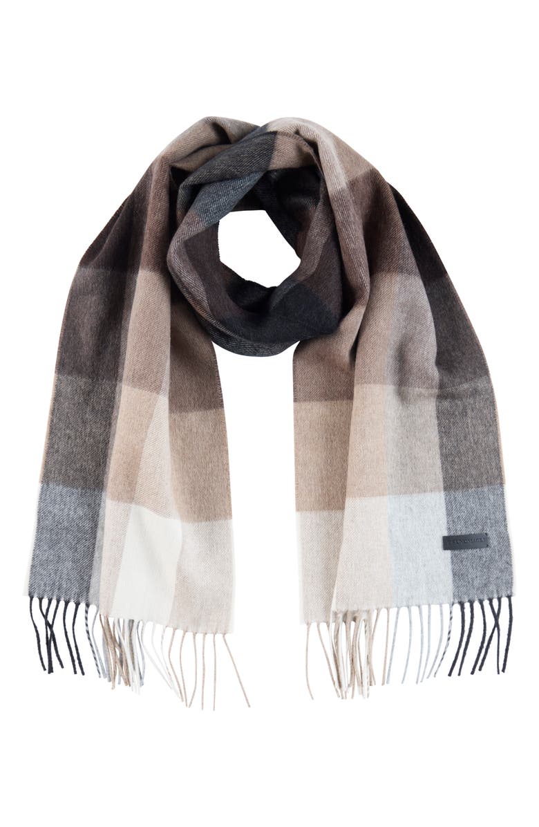 Bruno Magli Buffalo Plaid Double Face Silk & Cashmere Blend Scarf, Main, color, Camel