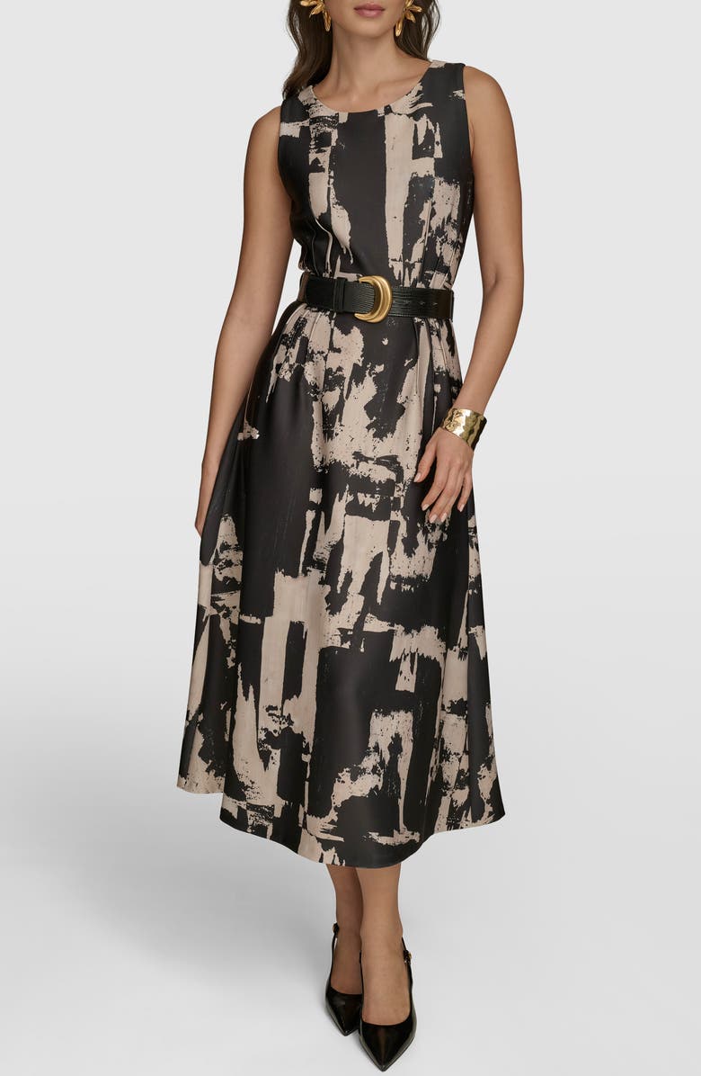 Donna Karan New York Abstract Print Sleeveless Midi Dress, Main, color, Black/ Sand Multi