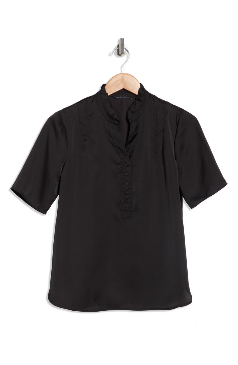 T Tahari Ruffle Split Neck Short Sleeve Top, Main, color, Black