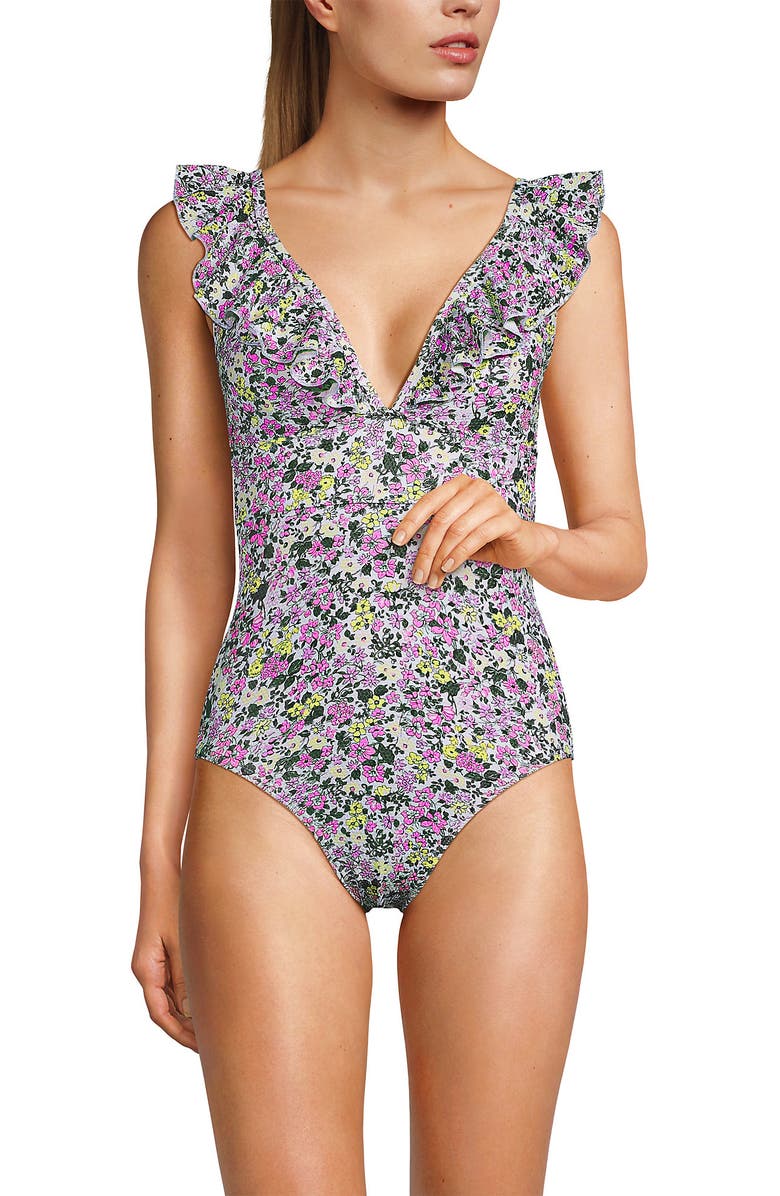 Lands' End Pique Ruffle One Piece Swimsuit, Alternate, color, White Multi Ditsy Floral