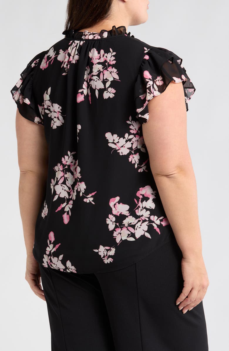 Anne Klein Floral Ruffle Sleeve Tie Neck Top, Alternate, color, 
