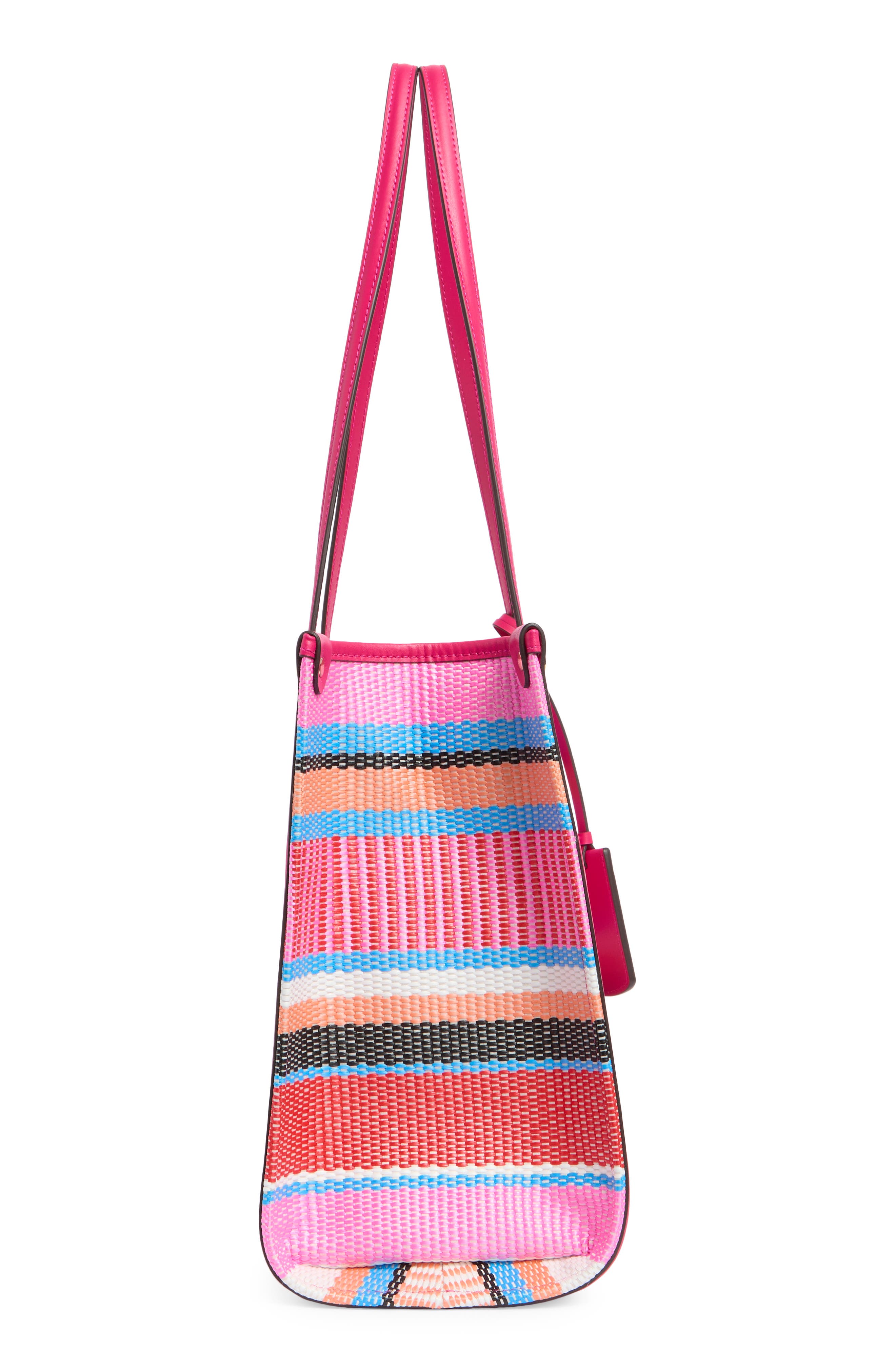 Manhattan Medium Striped Woven Straw Tote, Alternate, color, WILD RASPBERRY MULTI