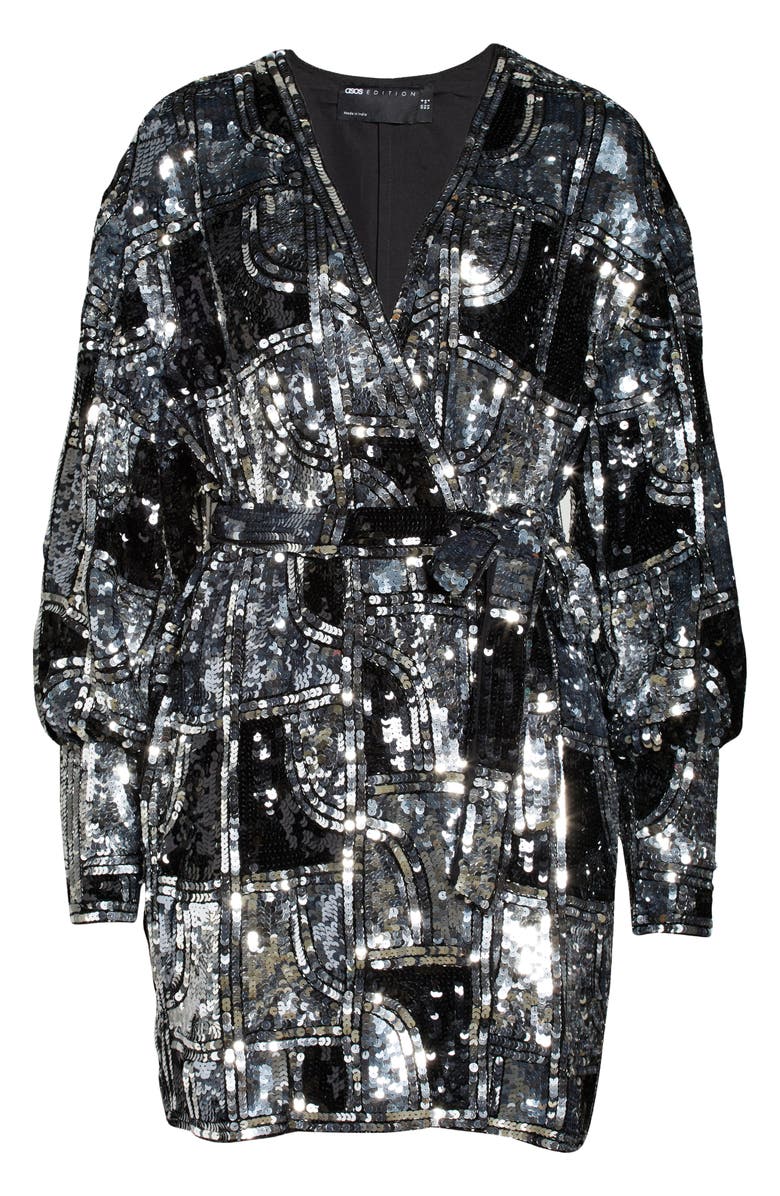 ASOS DESIGN Graphic Sequin Long Sleeve Wrap Minidress, Alternate, color, 