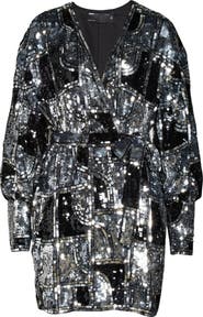 ASOS DESIGN Graphic Sequin Long Sleeve Wrap Minidress