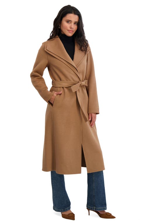 Tahari Elliot Tie Waist Wool Blend Coat In Brown
