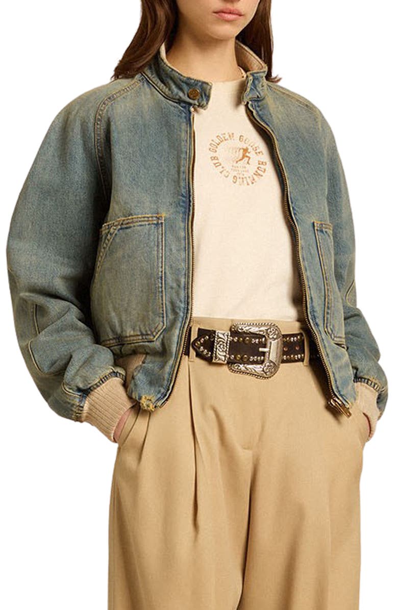 Golden Goose Dirty Wash Distressed Denim Bomber Jacket, Main, color, 