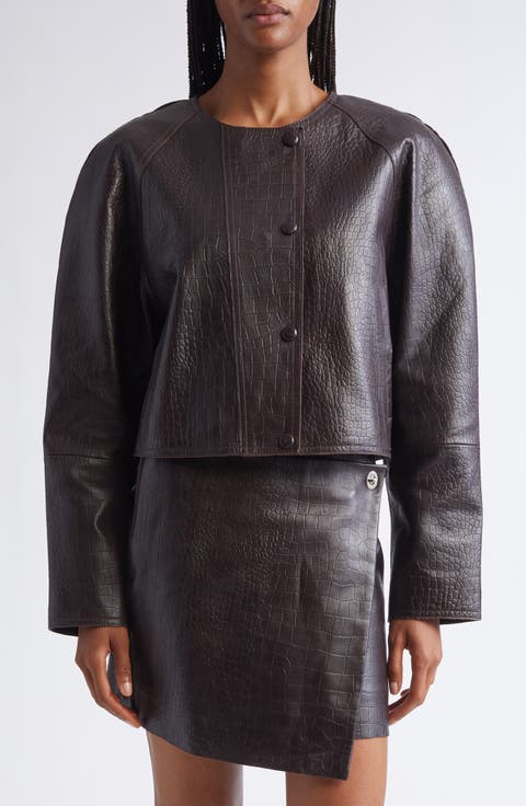 Alix Croc Embossed Leather Crop Jacket