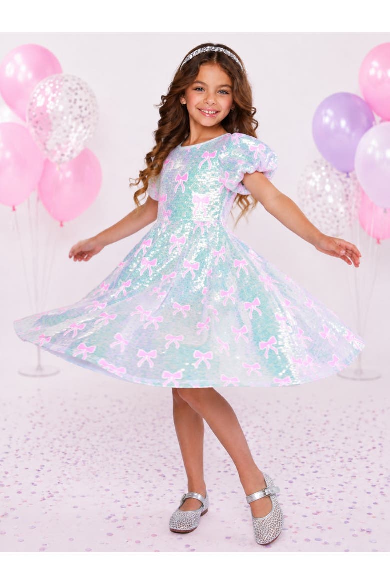 Sweet Sparkle Bow Sequin Puff Sleeve Dress, Alternate, color, White