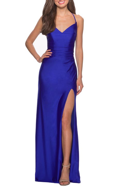 Long Homecoming Dress with Slit and Criss Cross Back