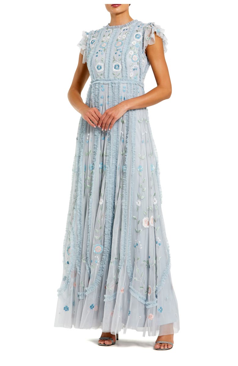 Mac Duggal Floral Embroidered Flutter Sleeve Maxi Gown, Main, color, Powder Blue