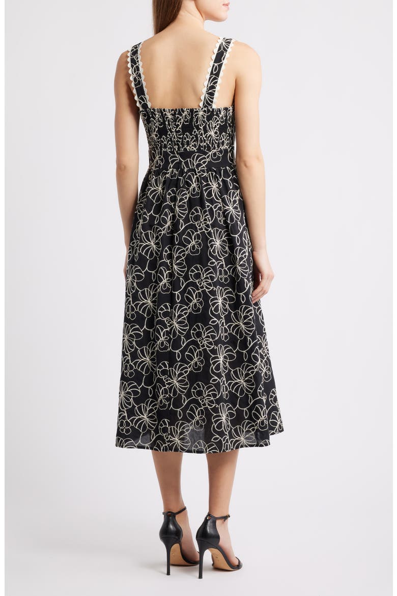 Floral Embroidered Cotton Midi Dress, Alternate, color, BLACK/ WHITE