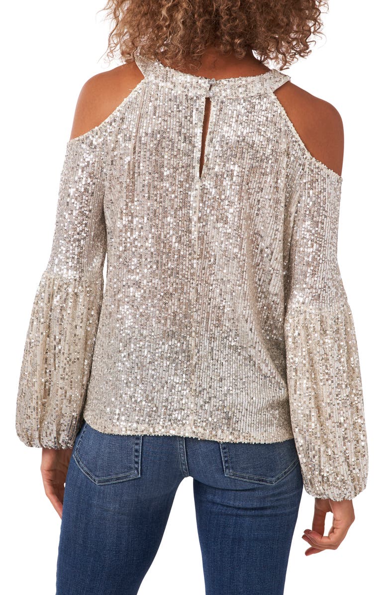 CeCe Sequin Cold Shoulder Top, Alternate, color, Champagne