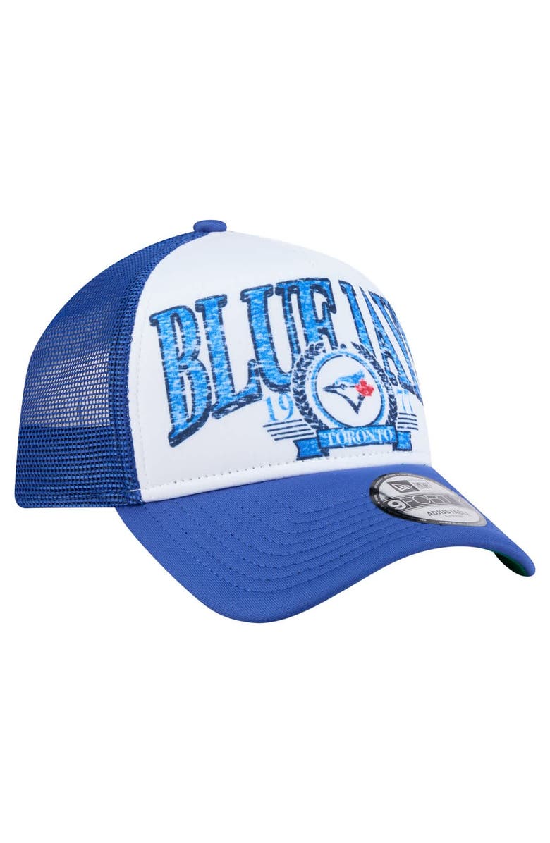 New Era Men's New Era White/Royal Toronto Blue Jays Distressed 9FORTY A-Frame Adjustable Trucker Hat, Alternate, color, White