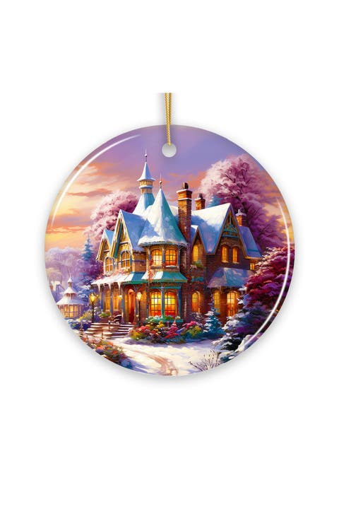 Snowy Victorian House Winter Sunset Round Ornament